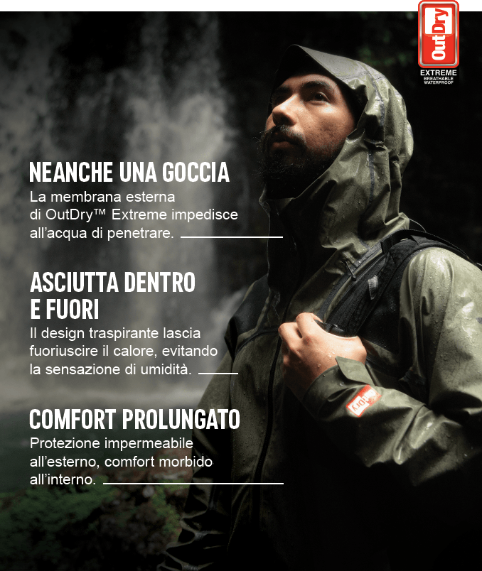 Neanche una goccia La membrana esterna di OutDry™ Extreme impedisce all'acqua di penetrare. Asciutta dentro e fuori Il design traspirante lascia fuoriuscire il calore, evitando la sensazione di umidità. Comfort prolungato